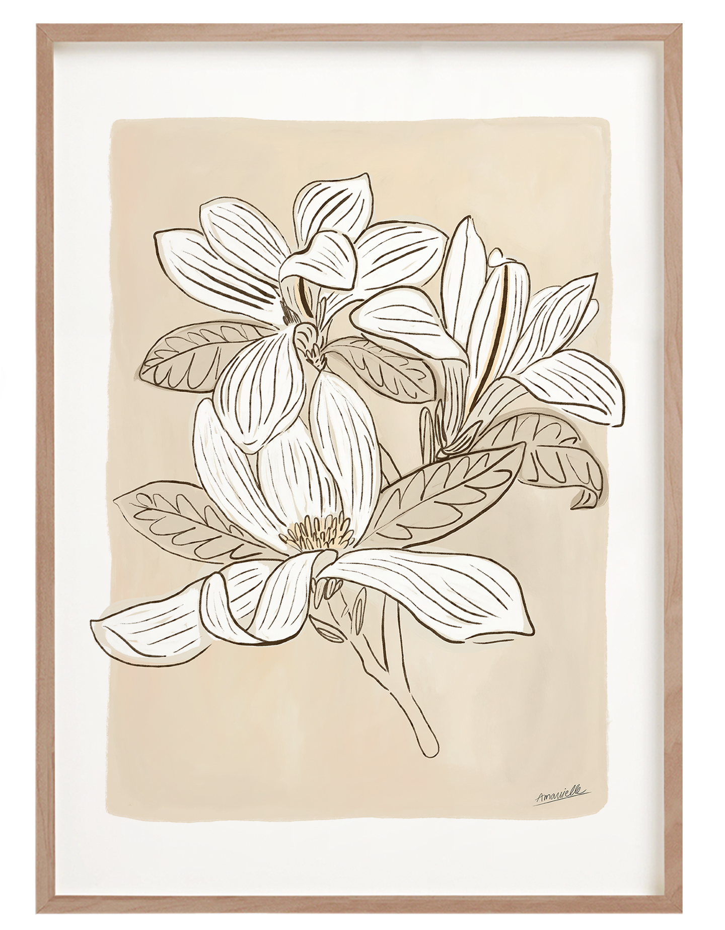 Digitaler Kunstdruck einer Magnolie im Japandi Stil zum Herunterladen