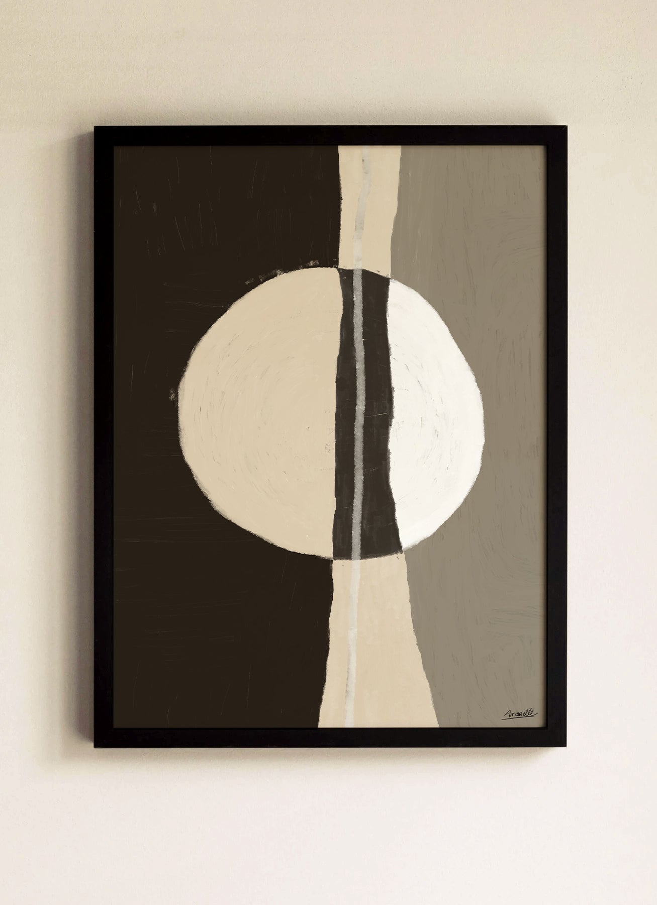 Japandi Style Wandbild: abstrakter digitaler Kunstdruck in Weiß Schwarz und Beige 